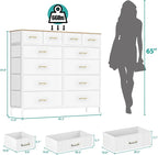 White Dresser for Bedroom with 12 Deep Drawers, Wide Chest of Drawers, 55" TV Stand with Retro Wood Top, Tall Fabric Dresser for Closet, Nursery