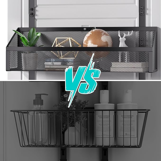 Over Door Hook Organizer 12 Hook Over The Door Organizer with 2 Mesh Baskets - Back of Door Storage Towel Rack Space Saving Storage Organizer for Bedroom, Bathroom, Kitchen, Pantry, Black