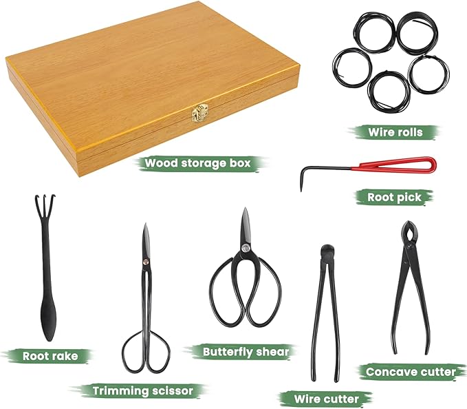 Bonsai Tools Set with Wood Box 12PCS Heavy Duty Bonsai Tree Kit, Trimming Scissor Shears, Concave Cutter, Wire Rolls, Wire Cutter and More, Gardening Pruning & Care Kit