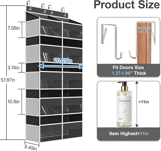 Over The Door Organizer Multi Pocket,5 Tier Large Hanging Shelf for Storage Kids Toys, Diapers, Clothes,Yarn,Heavy Duty Behind Door Storage for Bedroom Bathoom Nursery Closet Pantry,Black