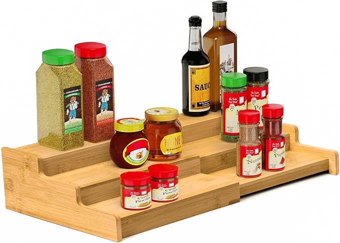 Spice Rack Organizer, 3 Tier Expandable Bamboo Spice Rack Organizer, Great for Kitchen Cabinet, Cupboard, Pantry and More-Bamboo