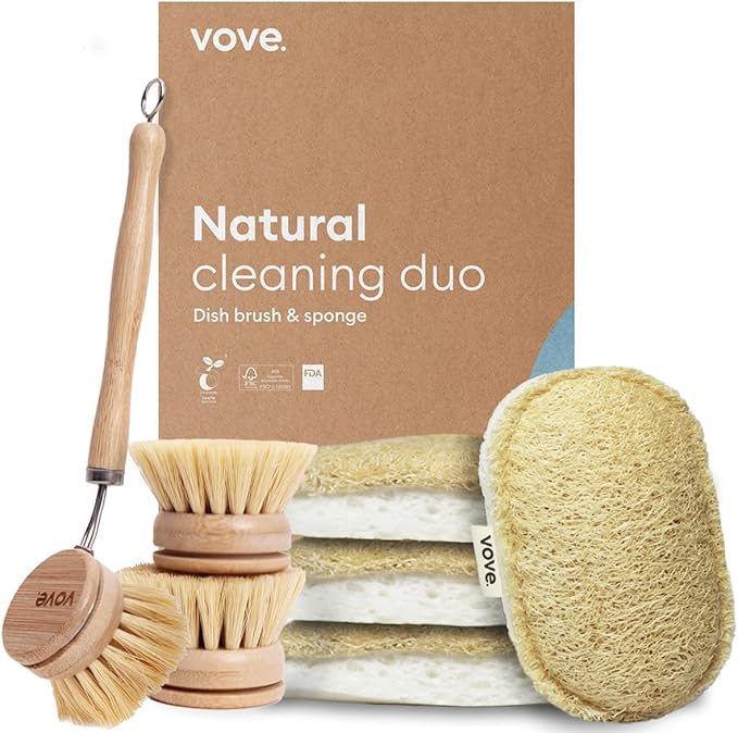 Vove Cleaning Duo, Bamboo Dish Brush Set and Natural Dish Sponges, FSC-Certified Bamboo, Sisal, Loofah, Cellulose, Plastic-Free, Eco-Friendly Zero-Waste Kitchen Dish Scrubber Set