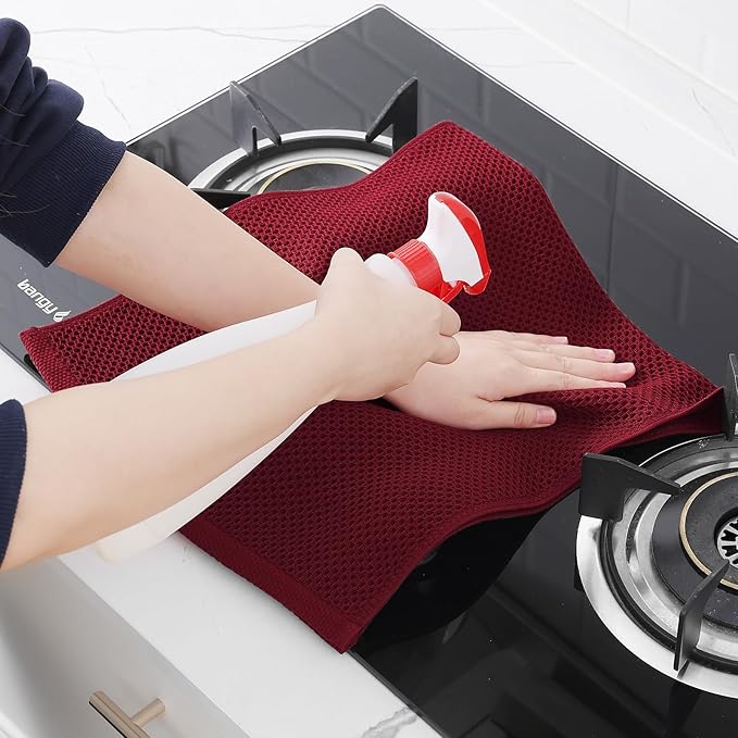 Homaxy 100% Cotton Waffle Weave Kitchen Dish Towels, Ultra Soft Absorbent Quick Drying Cleaning Towel, 13 x 28 Inches, 4-Pack, Burgundy