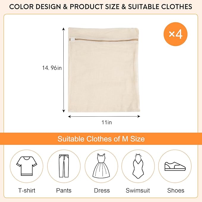 4-Piece Medium Durable Organic Cotton Mesh Laundry Bags with Sturdy Zippers and Breathable Mesh are Delicate Laundry Bags for Underwear, Clothes, Pants and Socks