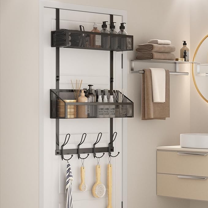 Over Door Hook Organizer 12 Hook Over The Door Organizer with 2 Mesh Baskets - Back of Door Storage Towel Rack Space Saving Storage Organizer for Bedroom, Bathroom, Kitchen, Pantry, Black