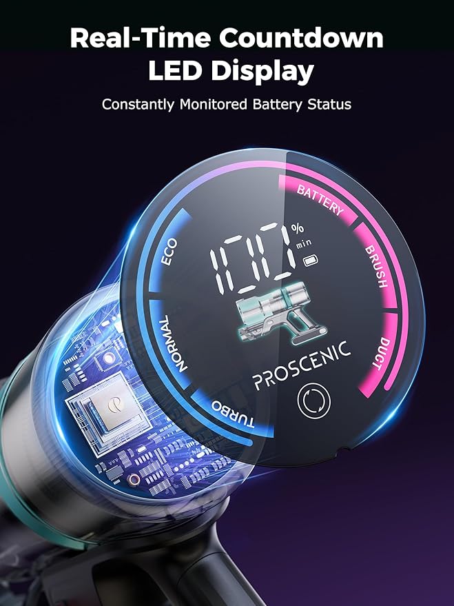 Proscenic Cordless Vacuum Cleaner, 550W 45KPA 55Mins Runtime, 180°Bendable Wand, Stick Vacuum with Green LED, Tangle-Free Brush, Rechargeable Lightweight Vacuum Cleaners for Home, Pet Hair, P16(Grey)