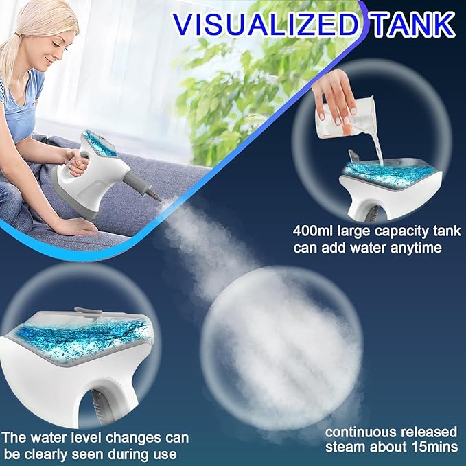 Handheld Steam Cleaner for Home, 10S Immediate Heat Hand Held Steam Cleaner, with Visualized Large Water Tank & 9 PCS Accessories & Safety Lock, for Kitchen,Couch,Floor,Window,Car (WHITE+GRAY)