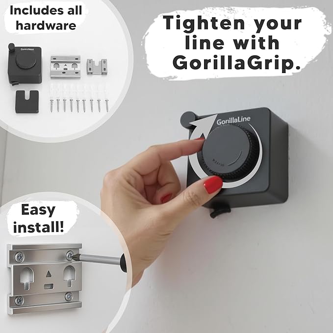 GorillaLine Basic - Retractable Clothesline Indoor Outdoor Clothes Line - Heavy Duty Clothes Drying Laundry Line - Wall Mounted Drying Rack - Air Dry Clothing - 15ft line Max Tighten with GorillaGrip