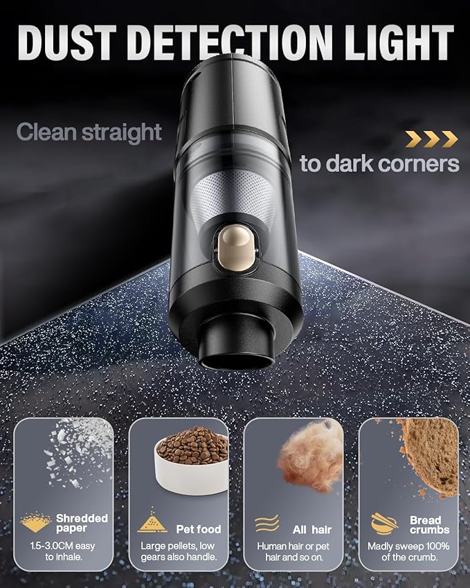 Handheld Car Vacuum Portable Cordless, 21000Pa High Power Handheld Vacuum with 2 Gear Adjustment - Brushless Motor，4 in 1 Air Duster and Vacuum Cleaner with LED Light，Dual Filters，for Home Car Office