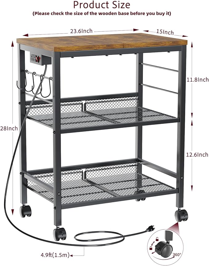 Kitchen Rolling Cart with Power Strip, 3 Tier Microwave Stand on Lockable Wheels, Small Utility Cart with Storage, Coffee bar&Tea Table, Organizer Shelves for Kitchen, Office, Living Room