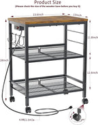 Kitchen Rolling Cart with Power Strip, 3 Tier Microwave Stand on Lockable Wheels, Small Utility Cart with Storage, Coffee bar&Tea Table, Organizer Shelves for Kitchen, Office, Living Room