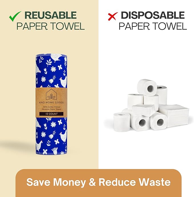 Reusable Paper Towels (12"x10”) - Soft Absorbent 100% Cloth Paper Towel -Washable Paper Towels Rolls w/Cardboard Roll-Reusable Napkins Washable - Dish Cloths (Chickens, 12x10inch)