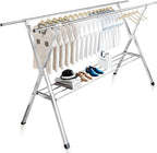 JAUREE Clothes Drying Rack 2 Tiers, Heavy Duty Drying Rack Clothing Folding Indoor Outdoor, Stainless Steel Laundry Drying Rack, Foldable Garment Rack with 20 Windproof Hooks (84 Inches)