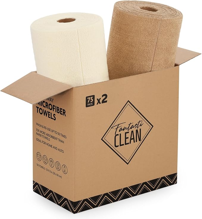 Fantasticlean Microfiber Cleaning Cloth Roll -150 Pack, Tear Away Microfiber Towels, 12" x 12", Reusable, Washable, Ultra Absorbent Dishcloth for Home Supplies, Car, Pet, Kitchen (Tan & Beige)