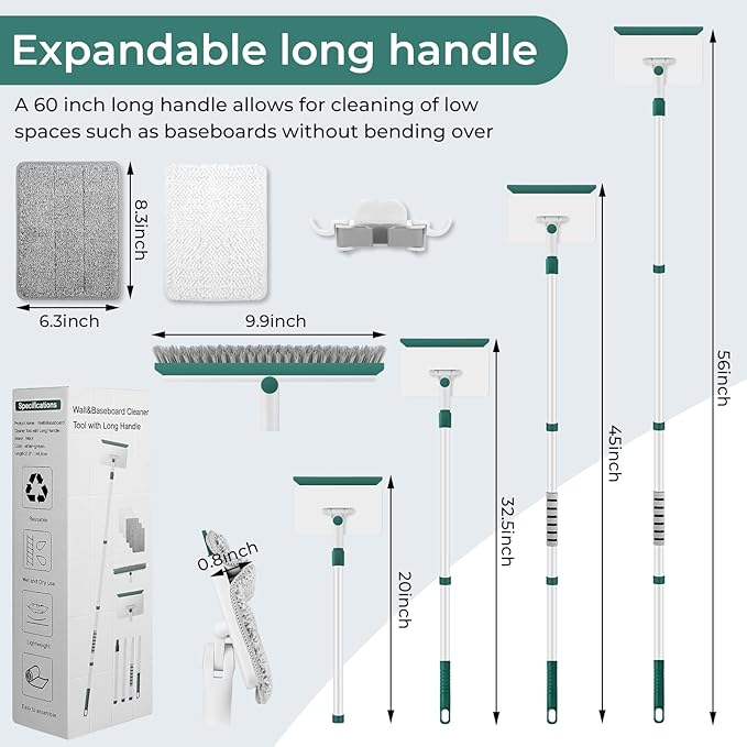 Baseboard Cleaner Tool with Handle, 60" Extendable Long Handle Baseboard Cleaner with 5 Reusable Pads for Baseboards Cleaning, Ceiling, Wall, Floor, Bathroom, Kitchen