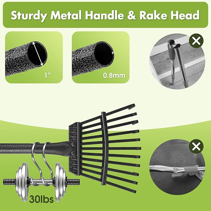 INFLATION Garden Rake for Leaves Sturdy Small Metal Yard Leaf Rakes for Lawns 78" Length 8.5 Inch Wide Adjustable 11 Tines for Women Men Kids Lightweight with Non-Slip Comfortable Smooth Long Handle