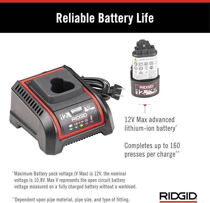 RIDGID 72558 Model RP 115 Mini Press Tool and Battery Kit with 1/2" to 3/4" ProPress and PureFlow Press Tool Jaws, 2V Li/Ion Battery, 12V Charger, and Carrying Case