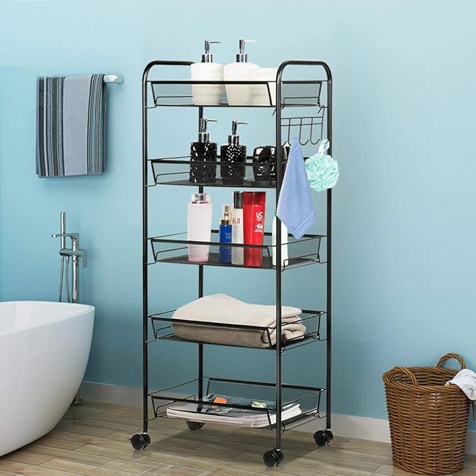 JANE EYRE 5-Tier Rolling Utility Storage Rack Cart on Wheels, Trolley Craft cart, Multi-Purpose Organizer Shelf, Black