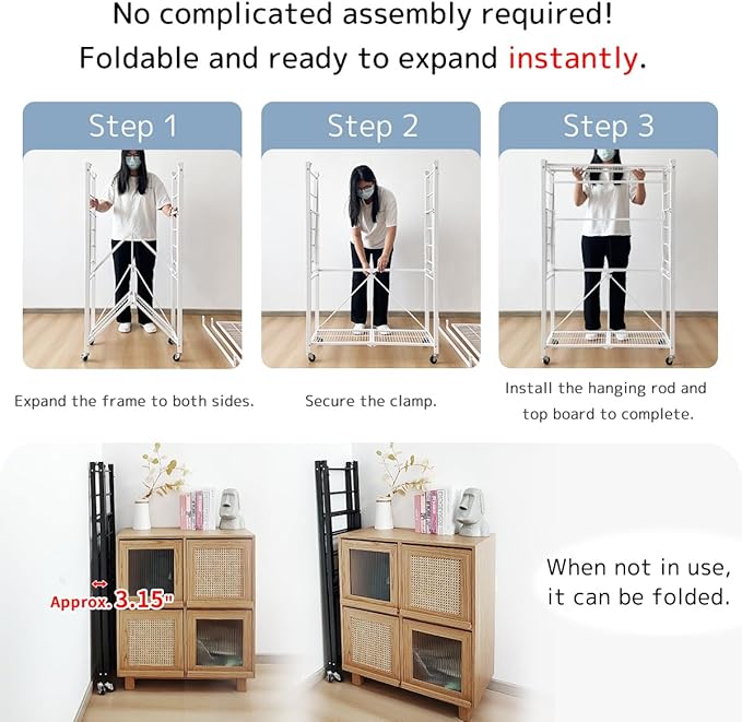 lumizone Folding Clothing Rack with Wheels Expandable Wardrobe Portable Clothes Rack for Hanging Clothes Adjustable Closet Shelves Garment Rack Durable Closet Racks for Hanging Clothes (Pro Black)