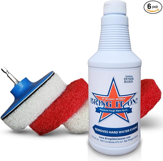Bring It On Cleaner Hard Water Stain Remover for Glass, Soap Scum remover for Shower glass, Fiberglass, Windows, Tile and Grout Cleaner, Water Spot Remover for Glass Includes Scrubbing Drill Pads