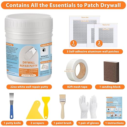 Dry Wall Patch Repair Kit, 22OZ Spackle Wall Repair Paste White Putty with Scraper Mesh Tape, Drywall Hole Repair Patch Kits for Wall Surface Fill Quick & Sheetrock Ceiling Crack Damage Mending