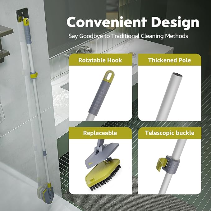 4 in 1Tile Tub Scrubber Brush | 62.2" Extendable Long Handle-Shower Cleaning Brush No Scratch Shower Scrubber for Cleaning Bathroom Kitchen Toilet Wall,Bathtub,Sink,Grey