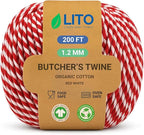 Red and White Organic Twine Cotton String - 200 Feet Wrapping, Baking, Butcher, Crafts, DIY Projects, Easter, Christmas