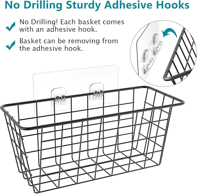 MaraFansie Over the Cabinet Door Organizer Wall Wire Baskets Hanging Kitchen Basket Shelf for Cabinet & Pantry Organization and Kitchen, Bathroom, Bedroom Storage, with Adhesive, Black, 3 Pack