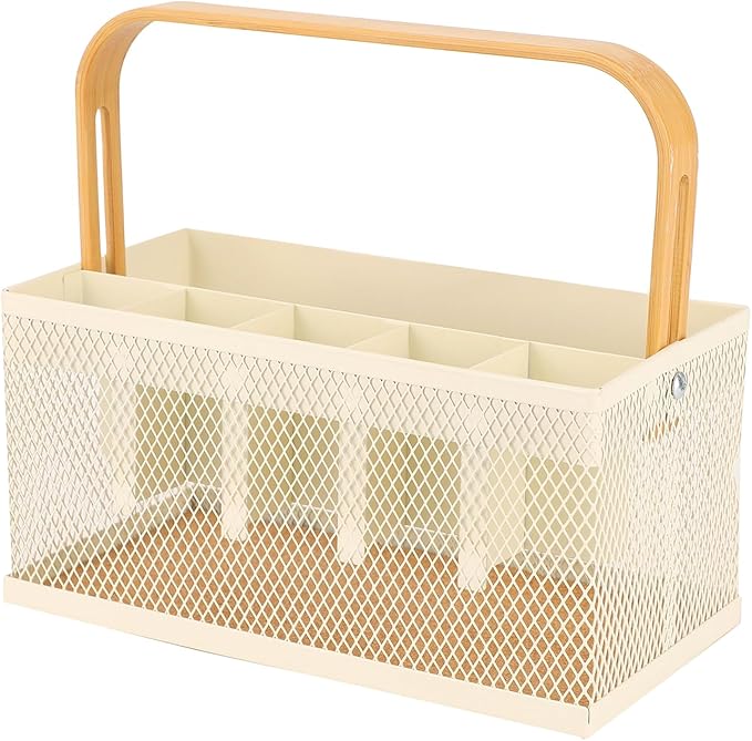 Utensil Caddy Metal Mesh Silverware Cutlery Organizer Basket with Bamboo Handle, Multi-Purpose Steel Wire Caddy 6 Compartment Flatware Basket for Kitchen, Countertop, Picnic, Restaurant, White