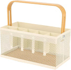 Utensil Caddy Metal Mesh Silverware Cutlery Organizer Basket with Bamboo Handle, Multi-Purpose Steel Wire Caddy 6 Compartment Flatware Basket for Kitchen, Countertop, Picnic, Restaurant, White