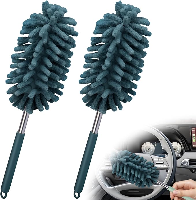 2 PCS Car Interior Duster with Extension Pole, Microfiber Car Dusters with Bendable Head, Cars Duster Exterior&Interior Scratch Free, for Cleaning of Vehicle Details, Offices, Window(Nude Blue)