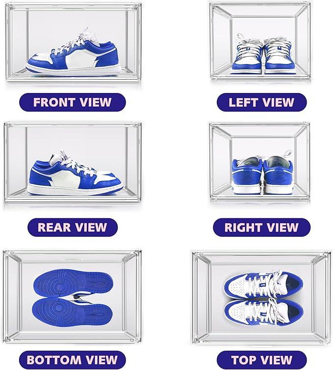 6 Pack Acrylic Clear Shoe Storage Box Stackable Large Sneakers Display Case with Magnetic Door Hat Boxes Shoe Organizer for Closet, Fit up to US Size 13