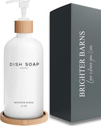 White Glass Dish Soap Dispenser for Kitchen Sink by Brighter Barns - Kitchen Soap Dispenser Set with Tray - Bamboo Pump Bottle - Neutral Minimalist Home Decor in RV, Office, Home, Airbnb, Gift (White)