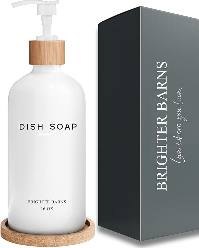White Glass Dish Soap Dispenser for Kitchen Sink by Brighter Barns - Kitchen Soap Dispenser Set with Tray - Bamboo Pump Bottle - Neutral Minimalist Home Decor in RV, Office, Home, Airbnb, Gift (White)