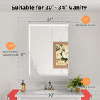 24x30 Inch Medicine Cabinet with Mirror, Aluminum Medicine Cabinet, Tempered Beveled Edge Mirror Single Door, Adjustable Shelves, Surface or Recessed Mount Bathroom Mirrors with Storage, Black