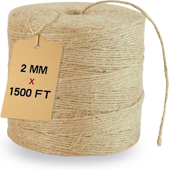2mm Natural Jute Twine String 1500 Feet Long Jute Rope for Crafting Plant Gardening Gift Christmas Handmade Arts Wrapping Twine Cord Crochet Knitting DIY Home Decor