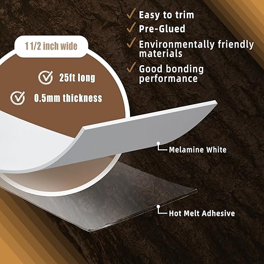 GSCIT Club White Edge Banding, 1 1/2 inch x 25ft Melamine Edge Banding with Hot Melt Adhesive Preglued Cabinet Edge Banding Flexible White Veneer Edging