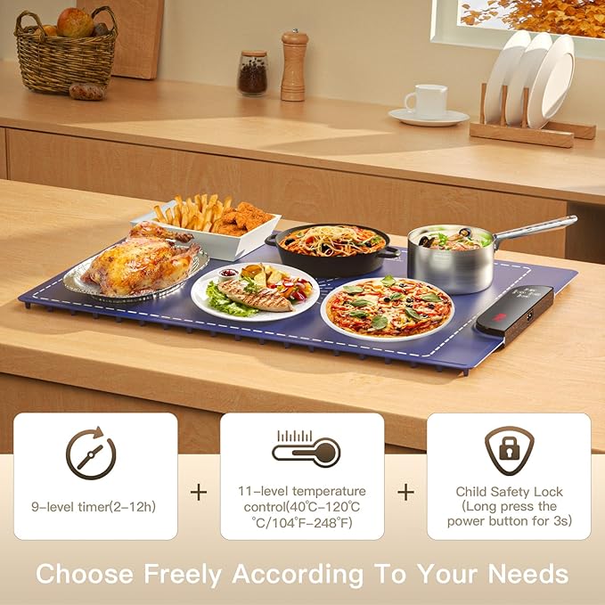 Electric Warming Tray, Full Surface Heating, Rollable & Portable, Premium Silicone Nano-Material, 248°F Temperature Settings,Auto Shut-Off,Versatile Food Warmer for Gatherings,Parties, Everyday Use