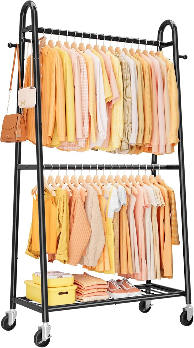 Sakugi Heavy Duty Clothes Rack, Metal Clothing Rack with Double Hanging Rods, 4 Hooks & Mesh Shelf, Freestanding Garment Rack with Triangular Design for Bedroom Closet, 36.5" x 16.9" x 72.8", Black