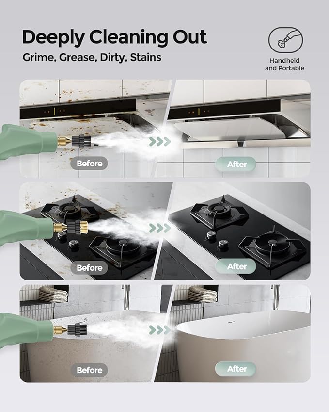 Steam Cleaner Handheld, 2500W High Pressure Steamer for Cleaning, Multi-Purpose Steamer for Home Use with 1.1L Water Tank, Car Steamer, Portable steamer for Kitchen, Furniture, Grout, Tile (Green)