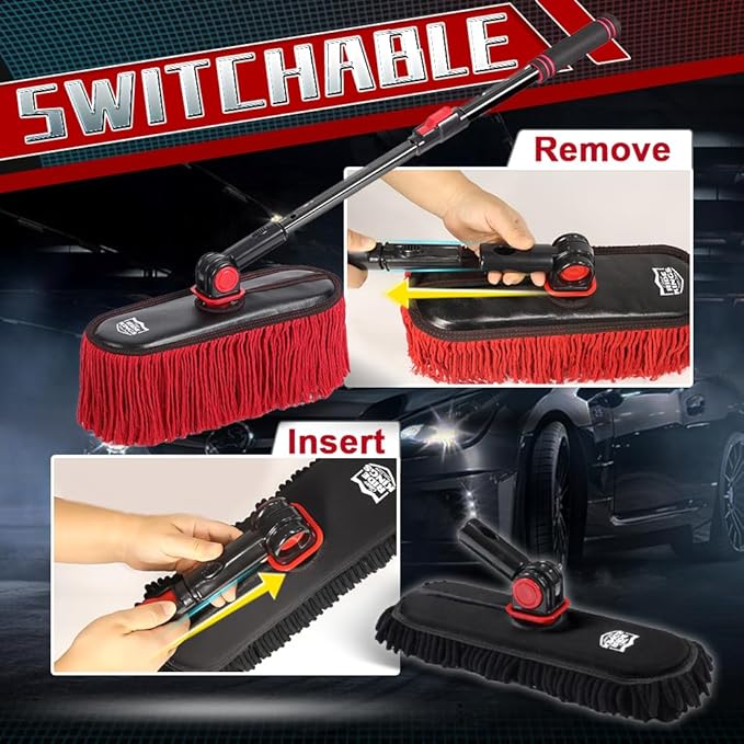 2In1 Brush And Duster For Car Exterior,Chenille Car Wash Brush Mop*1PC,Wax Cotton Car Duster Mop*1PC Remove Dust,Freely Switch A Retractable Black Steel Pole,Car Cleaning Supplies For Truck Rv Boat
