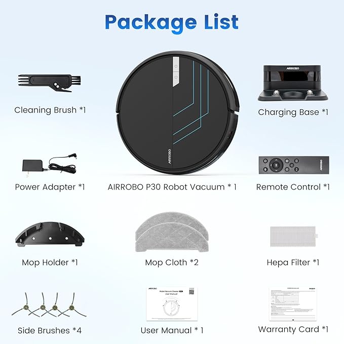 AIRROBO Robot Vacuum and Mop, 3000Pa Strong Suction Power Vacuum Mop Robot, Wi-Fi/App/Alexa, Self-Charging Robotic Vacuum for Hard Floor, Pet Hair and Low-Piled Carpet, Slim Design, Quiet,P30