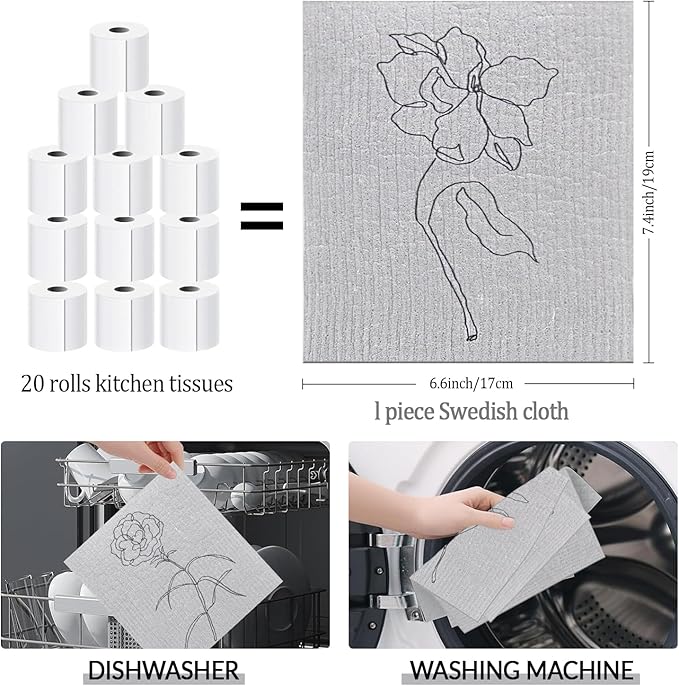 6 - Pack Swedish Kitchen Dish Cloths - Reusable Paper Towels for Counters & Dishes - Eco Friendly Cellulose Sponge Cloth - Assorted (Grey Flower)