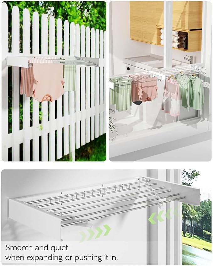 Wall Mounted Clothes Drying Rack 40 inches, Foldable Wall Mount Laundry Rack Folding Indoor, Drying Rack Clothing Collapsible, Hidden Space Saver with Wall Template, 6 Rods, White