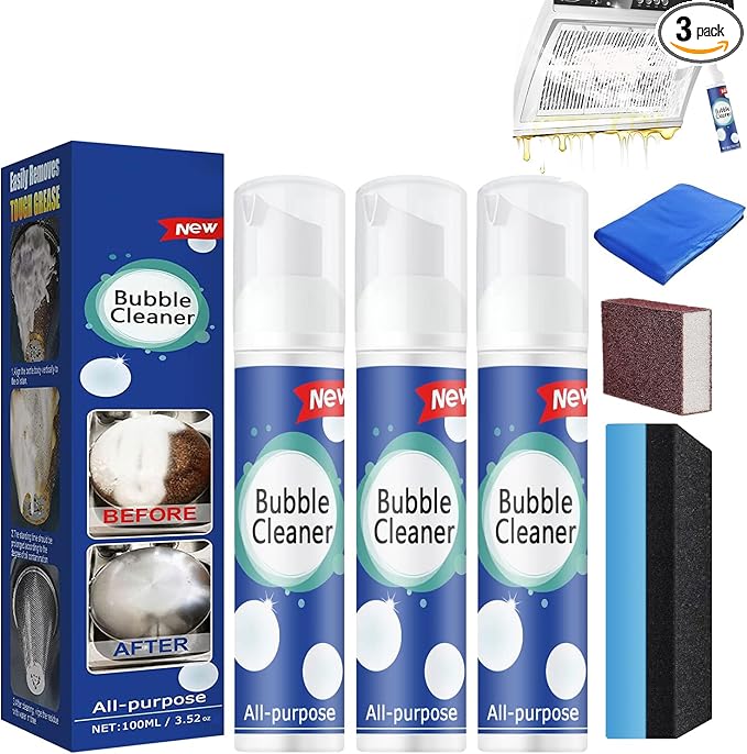 Rednow (100ML*3PCS) Bubble Cleaner Foam,Foaming Heavy Oil Stain Cleaner,All-Purpose Rinse-free Cleaner Spray,Kitchen Deep Cleaning Spray,Powerful Stain,Stubborn Grease & Grime Remover Bubble Spray