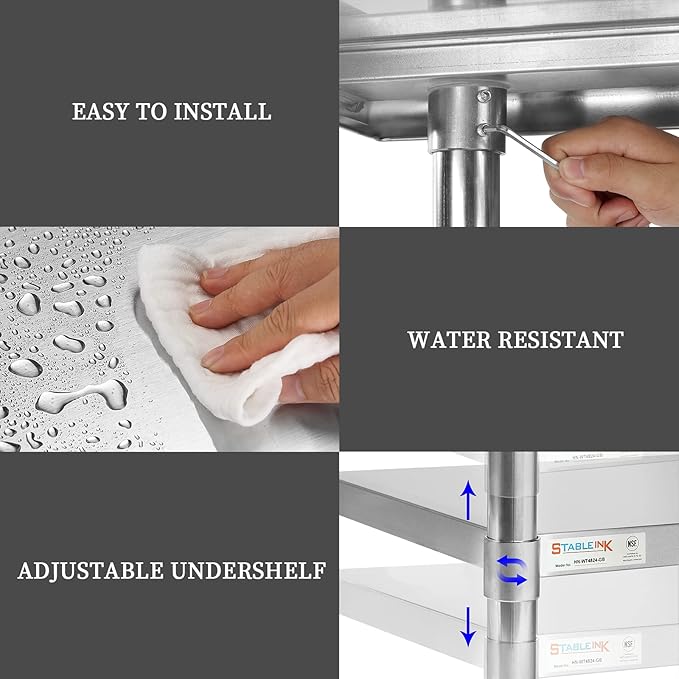 STABLEINK Stainless Steel Table with Caster Wheels 24 x 60 Inches 5ft, NSF Commercial Prep & Work Table with Adjustable Undershelf and Table Foot, for Commercial Kitchen, Restaurant, Hotel and Garage