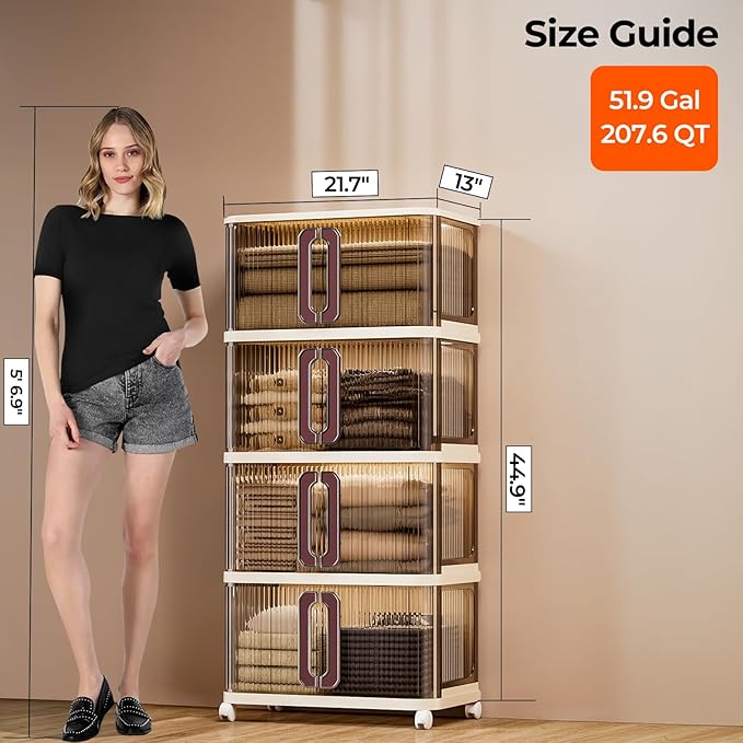 217Qt Plastic Storage Bins with Lid, Stackable Storage Bins with Wheels & Sliding Door, Collapsible Storage Box for Closet Organizers and Storage Box for Home and Office, Coffee, 4 Pack