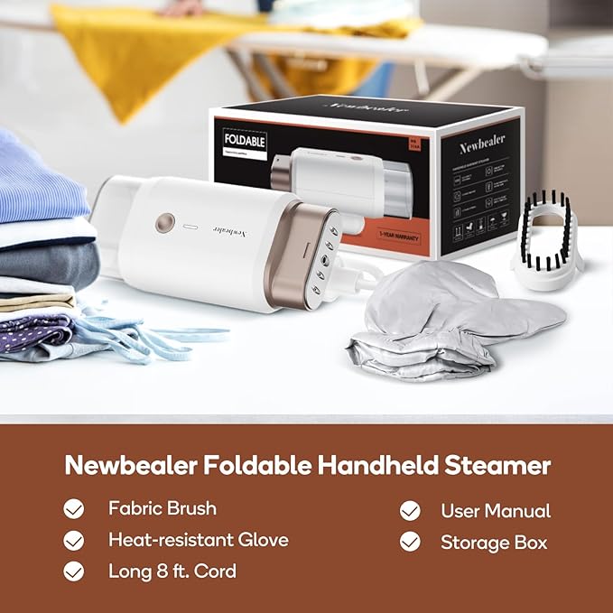Newbealer Steamer for Clothes, 1200W Travel Steamer with Horizontal & Vertical Steaming, 2 Steam Levels, Dry Ironing, Foldable, 1.5lbs Lightly, 180ml Handheld Fabric Wrinkle Remover (120V Only)