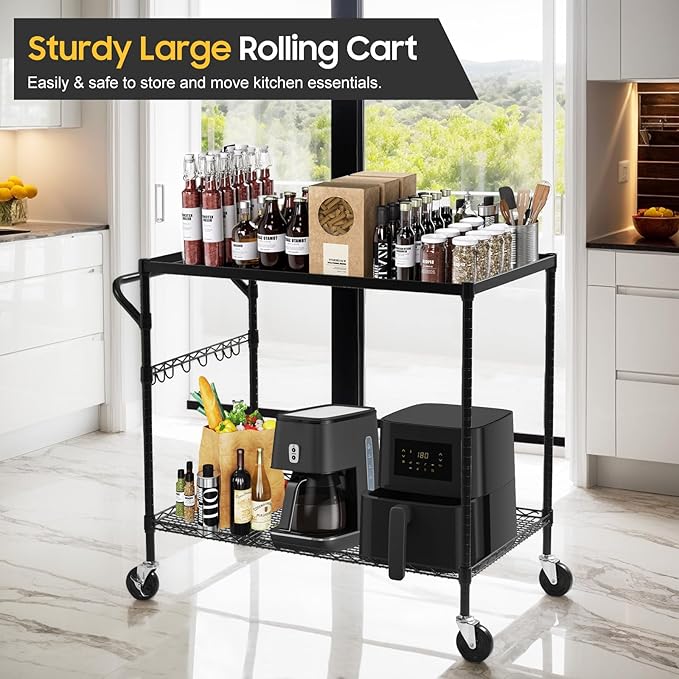 WDT 2-Tier Utility Cart with Wheels, Metal Cart with 1000LBS Capacity, NSF Heavy Duty Rolling Cart, Commercial Grade Serving Tool Storage Carts for Warehouse Garage Kitchen, 24"D x 45"W x 39"H, Black