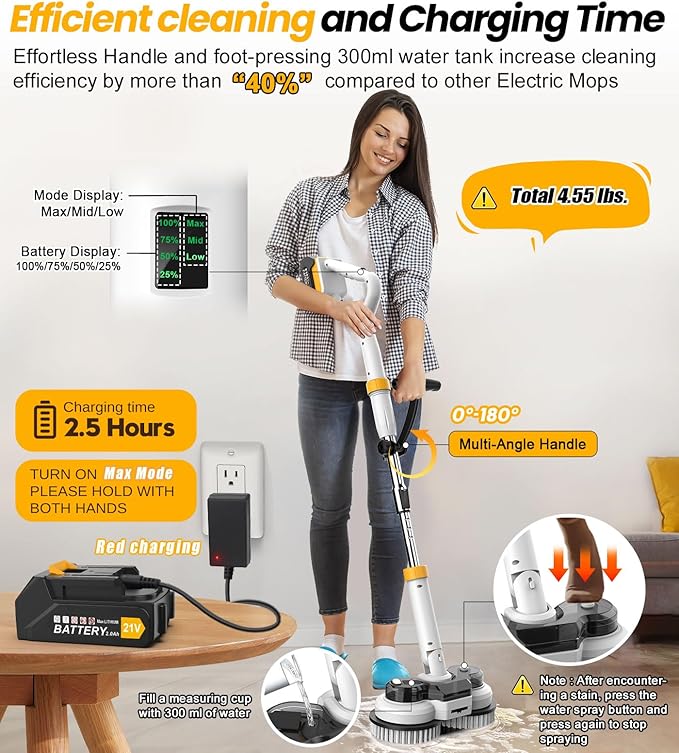 qimedo 800RPM Cordless Electric Mop, 6000mAh Battery Electric Power Scrubber & Mops for Floor Cleaning, Best Automatic Spin Mops with Smart Display,Rotating Mop with LED Light & Water Spray